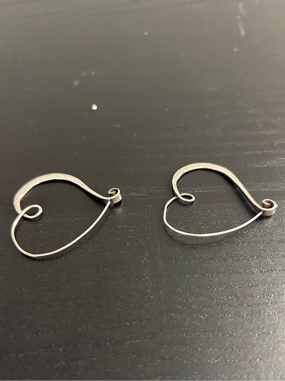 Handcrafted & Hammered Sterling Silver Heart Swirl Shaped Wire Hoop Earrings - Picture 6 of 15